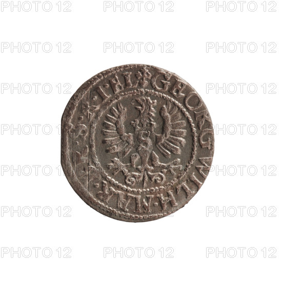 szelag, George William Hohenzollern (Elector of Brandenburg; Prince of Prussia; 1620-1640), Hohenzollern (coat of arms), rosettes, eagles. Obverse: Prussian eagle with crowned letter S on its chest; in the rim between borders an inscription beginning with a heart and reading GEORG.WILH.MAR., .I.EL. Reverse: monogram composed of the letters GW; in the rim between borders an inscription beginning with a rosette, divided by the Hohenzollern coat of arms, reading SOLIDVS.PR - V, 162. Ducal Prussia (1525–1701), Königsberg. Coin; diameter 15.9 mm; weight 0.66 g; axis 0°.