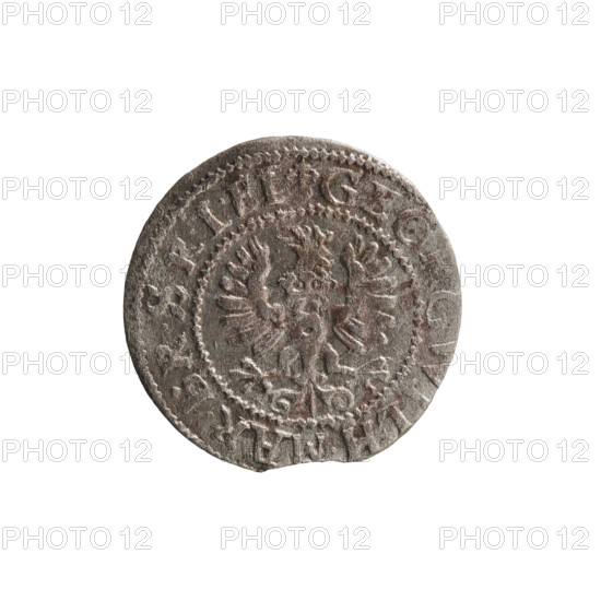 szelag; maker: Pfahler, Ernest; obverse: Prussian eagle with crowned letter S on its chest; reverse: monogram composed of the letters GW; rim inscriptions: obv. inscription beginning with a heart - the hallmark GEO, LH.MAR.BR.SRIEL; rev. inscription beginning with a rosette, divided by the Hohenzollern coat of arms SOLIDVS.PR - IAE.162; rosettes; Hohenzollern coat of arms; George William Hohenzollern (Elector of Brandenburg; Duke of Prussia; 1620–1640); date: 1627 (Ducal Prussia, Königsberg); coin: diameter 16.1 mm, weight 0.42 g, axis 0 degrees.