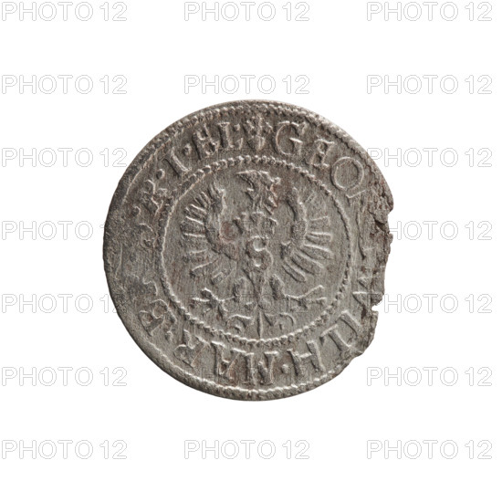 szelag; Ernest Pfahler; obverse: Prussian eagle with crowned letter S on its chest; rim inscription beginning with a heart - the hallmark GEO, ILH.MAR., .I.EL.; reverse: monogram composed of the letters GW; rim inscription beginning with a rosette, divided by the Hohenzollern coat of arms, OLI, S.PR - VS, 1619 - 1640; George William Hohenzollern (Elector of Brandenburg; Prince of Prussia; 1620–1640); Hohenzollern coat of arms, rosettes, eagles; Ducal Prussia (1525–1701), Königsberg; coin; diameter 16.6 mm; weight 0.58 g; axis 0°.