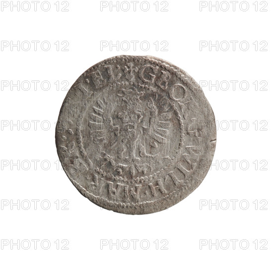 szelag, Pfahler, Ernest, eagles, George William Hohenzollern (Elector of Brandenburg; Prince of Prussia; 1620–1640); Hohenzollern (coat of arms); rosettes. Obverse: Prussian eagle, on its chest the crowned letter S. In the rim between the borders an inscription beginning with a heart — the hallmark GEO, G.WILH.MAR.BR.S, I.EL. Reverse: monogram composed of the letters GW. In the rim between the borders an inscription beginning with a rosette, divided by the Hohenzollern coat of arms: SOLI, VS.PR - VSS, 1619–1640. Ducal Prussia (1525–1701), Königsberg. Coin; diameter 16.4 mm; weight 0.49 g; axis 0°.