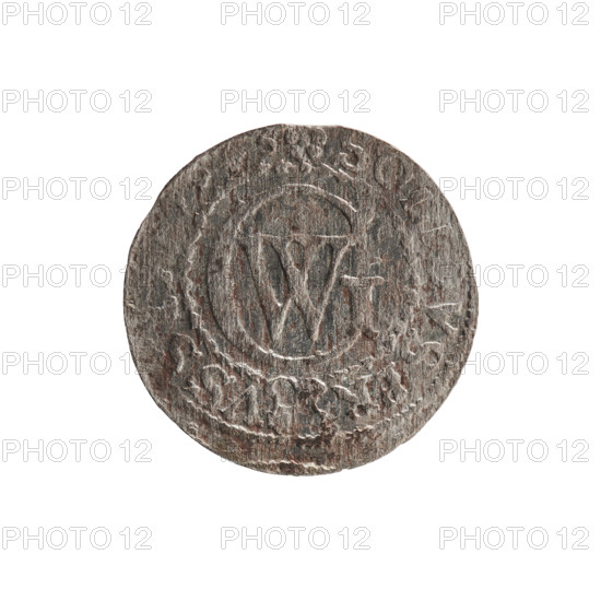 Szelag by Ernest Pfahler, 1619–1640, Ducal Prussia (1525–1701), Königsberg. Obverse: Prussian eagle with crowned letter S on its chest; rim inscription beginning with a heart-shaped hallmark GEO, G.WILH.MAR.BR.S, I.EL. Reverse: monogram composed of the letters GW; rim inscription beginning with a rosette, divided by the Hohenzollern coat of arms SOLI, VS.PR - VSS, 1619–1640. Hohenzollern (coat of arms); eagles; George William Hohenzollern (Elector of Brandenburg; Prince of Prussia; 1620–1640). Coin; diameter 16.4 mm; weight 0.49 g; axis 0°.