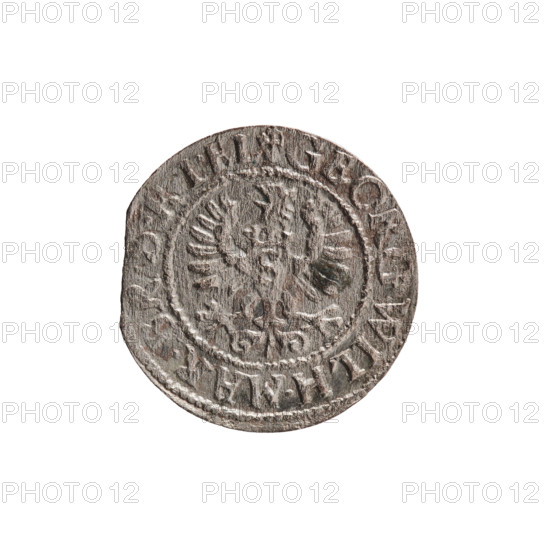 szelag, George William Hohenzollern (Elector of Brandenburg; Prince of Prussia; 1620–1640); Obverse: Prussian eagle, on its chest the crowned letter S; rim inscription beginning with a heart — GEORG.WILH.MAR.BR.SRIEL; Reverse: monogram composed of the letters GW; rim inscription beginning with a rosette, divided by the Hohenzollern coat of arms — SOLIDVS.PR-VSS, 162.; Ducal Prussia (1525–1701), Königsberg; coin; diameter 15.8 mm; weight 0.57 g; axis 0°.