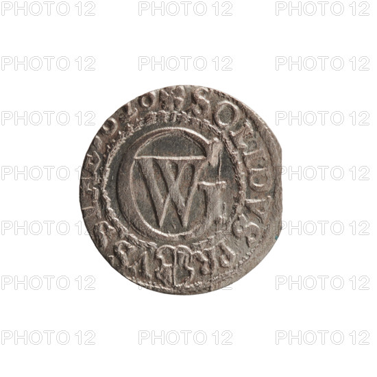 szelag by Ernest Pfahler, coin of George William Hohenzollern (Elector of Brandenburg; Prince of Prussia; 1620–1640). Obverse: Prussian eagle with crowned letter S on its chest; in the rim between the borders an inscription beginning with a heart: GEORG.WILH.MAR.BR.SRIEL. Reverse: monogram composed of the letters GW; in the rim between the borders an inscription beginning with a rosette, divided by the Hohenzollern coat of arms: SOLIDVS.PR - VSS, 162. Ducal Prussia (1525–1701), Königsberg. Coin (szelag): diameter 15.8 mm, weight 0.57 g, axis 0°.