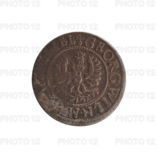 szelag, Ernest Pfahler, Department of Coins of Lands Associated with Poland, George William Hohenzollern (Elector of Brandenburg; Prince of Prussia; 1620–1640), eagles, rosettes, Hohenzollern (coat of arms). Obverse: Prussian eagle with a crowned letter S on its chest; in the rim between the borders an inscription beginning with a heart — GEORG.WILH.M. Reverse: monogram composed of the letters GW; in the rim between the borders an inscription beginning with a rosette, divided by the Hohenzollern coat of arms: SO - VSSI, 1619–1640. Ducal Prussia (1525–1701), Königsberg. Coin: diameter 16.6 mm, weight 0.64 g, axis 0°.