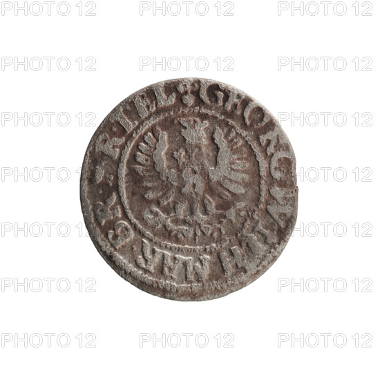 szelag, Pfahler, Ernest; George William Hohenzollern (Elector of Brandenburg; Prince of Prussia; 1620–1640); obverse: Prussian eagle with crowned letter S on its chest; rim inscription beginning with a heart and reading GEOR, WILH.MAR.BR.. ]RIEL; reverse: monogram composed of the letters GW; rim inscription beginning with a rosette, divided by the Hohenzollern coat of arms, reading SOLID, S, -, 1619–1640; Ducal Prussia (1525–1701), Königsberg; coin (szelag); diameter 16.3 mm; weight 0.60 g; axis 0°.