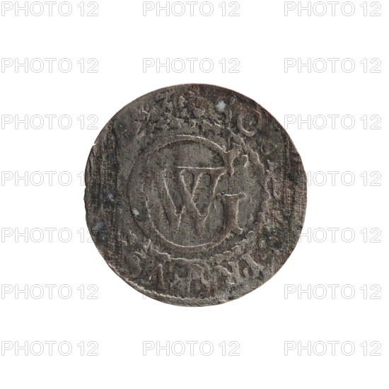 szelag, Pfahler, Ernest; George William Hohenzollern (Elector of Brandenburg; Prince of Prussia; 1620–1640). Obverse: Prussian eagle; on its chest a crowned letter S. Rim between borders with an inscription beginning with a heart — the hallmark, GEORG.WILH.MA. Reverse: monogram composed of the letters GW. Rim between borders with an inscription beginning with a rosette, divided by the Hohenzollern coat of arms: SO, ID, S.PR - VS, 3, 1619–1640. Ducal Prussia (1525–1701), Königsberg. Coin: szelag; diameter 16.1 mm; weight 0.45 g; axis 0°.