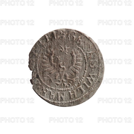 szelag, George William Hohenzollern (Elector of Brandenburg; Prince of Prussia; 1620–1640), obverse: Prussian eagle with crowned letter S on its chest; rim inscription beginning with a heart hallmark, GE, RG.WILH.MAR; reverse: monogram composed of letters GW; rim inscription beginning with a rosette, divided by the Hohenzollern coat of arms, SOLI - VSSIAE; date 1629; Ducal Prussia (1525–1701), Königsberg; coin, diameter 16.5 mm, weight 0.55 g, axis 0°