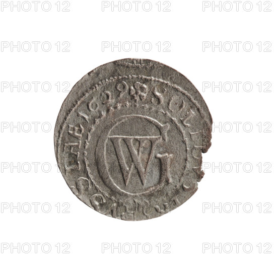 szelag, George William Hohenzollern (Elector of Brandenburg; Prince of Prussia; 1620–1640), rosettes, Hohenzollern coat of arms, eagles. Obverse: Prussian eagle with a crowned letter S on its chest; in the rim between borders an inscription beginning with a heart — the hallmark, GE, RG.WILH.MAR. Reverse: monogram composed of the letters GW; in the rim between borders an inscription beginning with a rosette, divided by the Hohenzollern coat of arms SOLI - VSSIAE. 1629. Ducal Prussia (1525–1701), Königsberg. Coin: diameter 16.5 mm, weight 0.55 g, axis 0°.