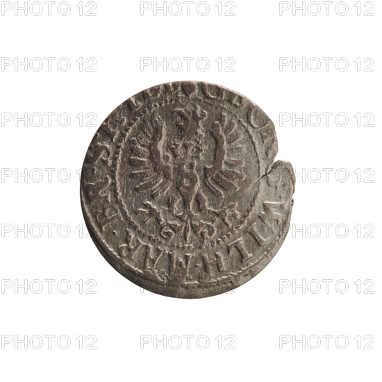 szelag, Pfahler, Ernest, eagles, George William Hohenzollern (Elector of Brandenburg; Prince of Prussia; 1620–1640), rosettes, Hohenzollern (coat of arms). Obv.: Prussian eagle, on its chest a crowned letter S; in the rim between the borders an inscription beginning with a heart - the hallmark, .WILH.MAR.BR.S. Rev.: monogram composed of the letters GW; in the rim between the borders an inscription beginning with a rosette, divided by the Hohenzollern coat of arms, DVS.PR - VSSI, 1619–1640. Ducal Prussia (1525–1701), Königsberg; coin. Diameter 15.8 mm, weight 0.48 g, axis 0°.