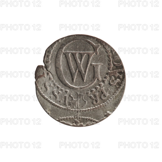 szelag, Pfahler, Ernest, eagles, George William Hohenzollern (Elector of Brandenburg; Prince of Prussia; 1620-1640), rosettes, Hohenzollern (coat of arms). Obverse: Prussian eagle, on its chest a crowned letter S; in the rim between the borders an inscription beginning with a heart - the hallmark, .WILH.MAR.BR.S. Reverse: monogram composed of the letters GW; in the rim between the borders an inscription beginning with a rosette, divided by the Hohenzollern coat of arms, DVS.PR - VSSI, 1619 - 1640. Ducal Prussia (1525-1701), Königsberg. Coin: diameter 15.8 mm, weight 0.48 g, axis 0 degrees.