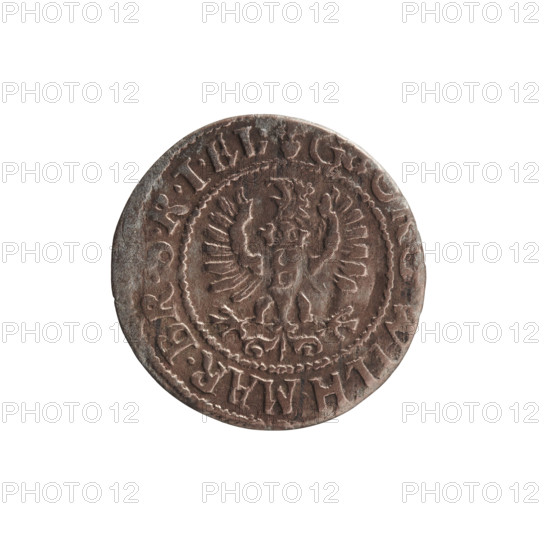 szelag, Pfahler, Ernest; George William Hohenzollern (Elector of Brandenburg; Prince of Prussia; 1620–1640); obverse: Prussian eagle with crowned letter S on its chest; rim inscription beginning with a heart - the hallmark G, .WILH.MAR.BR.SRIEL.; reverse: monogram composed of the letters GW; rim inscription beginning with a rosette, divided by the Hohenzollern coat of arms, SOLIDVS.PR - V, 1619–1640; Ducal Prussia (1525–1701), Königsberg; coin; diameter 16.0 mm; weight 0.56 g; axis 0°