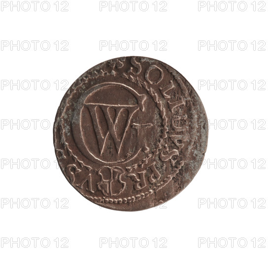 szelag (coin), Pfahler, Ernest; obverse: Prussian eagle with crowned letter S on its chest; rim inscription beginning with a heart - the hallmark G, .WILH.MAR.BR.SRIEL. Reverse: monogram composed of the letters GW; rim inscription beginning with a rosette, divided by the Hohenzollern coat of arms, SOLIDVS.PR - V, 1619 - 1640. Motifs: eagles, rosettes, Hohenzollern coat of arms. Date: 1619–1640. Place: Ducal Prussia, Königsberg. Coin type: szelag; diameter 16.0 mm; weight 0.56 g; axis 0°.