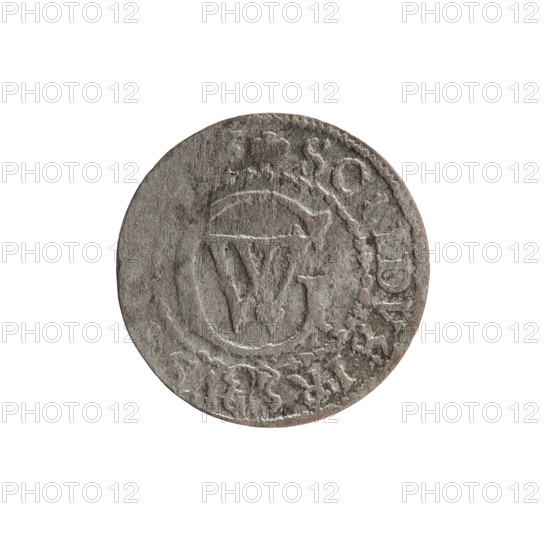 szelag; maker: Ernest Pfahler; obverse: Prussian eagle, on its chest a crowned letter S; rim inscription beginning with a heart hallmark, MAR.BR.SRIEL; reverse: monogram composed of the letters GW; rim inscription beginning with a rosette, divided by the Hohenzollern coat of arms, SO, IDVS.PR - V, 1619 - 1640; imagery: eagles, rosettes, Hohenzollern (coat of arms); issue associated with George William Hohenzollern (Elector of Brandenburg; Prince of Prussia; reign 1620–1640); place: Königsberg, Ducal Prussia (1525–1701); object: coin (szelag); diameter 15.8 mm; weight 0.47 g; axis 0°.