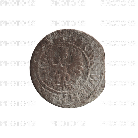 szelag; maker: Pfahler, Ernest; obverse: Prussian eagle with a crowned letter S on its chest; rim inscription beginning with a heart hallmark, 'GEORG.WILH.MAR.'; reverse: monogram composed of the letters GW; rim inscription beginning with a rosette, divided by the Hohenzollern coat of arms, 'PR - VS', dates '1619 - 1640'; motifs: eagles, Hohenzollern (coat of arms), rosettes; place/date: Königsberg, Ducal Prussia (1525–1701), 1619–1640; coin; diameter 16.1 mm; weight 0.49 g; axis 0°.
