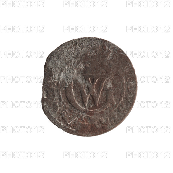 szelag, George William Hohenzollern (Elector of Brandenburg; Prince of Prussia; 1620–1640), eagles, Hohenzollern coat of arms, rosettes. Obverse: Prussian eagle with a crowned letter S on its chest; in the rim between the borders an inscription beginning with a heart — the hallmark, GEORG.WILH.MAR. Reverse: monogram composed of the letters GW; in the rim between the borders an inscription beginning with a rosette, divided by the Hohenzollern coat of arms, PR - VS, 1619 - 1640. Königsberg, Ducal Prussia (1525–1701). Coin: diameter 16.1 mm, weight 0.49 g, axis 0°.