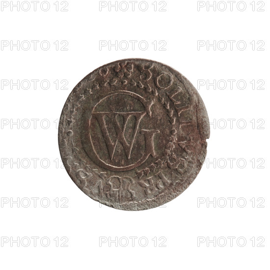 szelag; obverse: Prussian eagle with a crowned letter S on its chest; rim inscription beginning with a heart and reading GEORG.WILH.MAR.; reverse: monogram composed of the letters GW and rim inscription beginning with a rosette, divided by the Hohenzollern coat of arms SOLIDVS.PR - VS, 1619 - 1640; references George William Hohenzollern (Elector of Brandenburg; Prince of Prussia; reign 1620–1640); Hohenzollern coat of arms; rosettes; Ducal Prussia (1525–1701), Königsberg; coin (szelag), diameter 15.8 mm, weight 0.65 g, axis 0°.