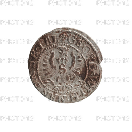szelag by Ernest Pfahler; coin (Ducal Prussia, Königsberg), 1627. Obverse: Prussian eagle with crowned letter S on its chest; rim inscription beginning with a heart, hallmark GEORG.WI, H.MAR., .SRIEL. Reverse: monogram composed of the letters GW; rim inscription beginning with a rosette, divided by the Hohenzollern coat of arms SO, SSIAE. Diameter 16.1 mm, weight 0.52 g, axis 0°.