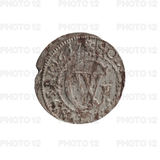 szelag, George William Hohenzollern (Elector of Brandenburg; Prince of Prussia; 1620–1640), eagles, rosettes, Hohenzollern (coat of arms). Obverse: Prussian eagle, on its chest the crowned letter S; in the rim between the borders an inscription beginning with a heart — GEORG.WI, H.MAR., .SRIEL. Reverse: monogram composed of the letters GW; in the rim between the borders an inscription beginning with a rosette, divided by the Hohenzollern coat of arms SO, SSIAE.1627. Date: 1627. Place: Ducal Prussia (1525–1701), Königsberg. Coin: diameter 16.1 mm, weight 0.52 g, axis 0°.