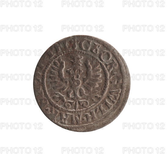 szelag; maker: Ernest Pfahler; department: Coins of Lands Associated with Poland; George William Hohenzollern (Elector of Brandenburg; Prince of Prussia; 1620–1640); imagery: eagles, rosettes, Hohenzollern coat of arms. Obverse: Prussian eagle with crowned letter S on its chest; on the rim between borders an inscription beginning with a heart—GEORG.WILH.MAR.B, .I.EL. Reverse: monogram composed of the letters GW; on the rim between borders an inscription beginning with a rosette, divided by the Hohenzollern coat of arms, V, - VSSI, 1619–1640, Königsberg, Ducal Prussia (1525–1701). Coin; diameter 16.0 mm; weight 0.39 g; axis 0°.