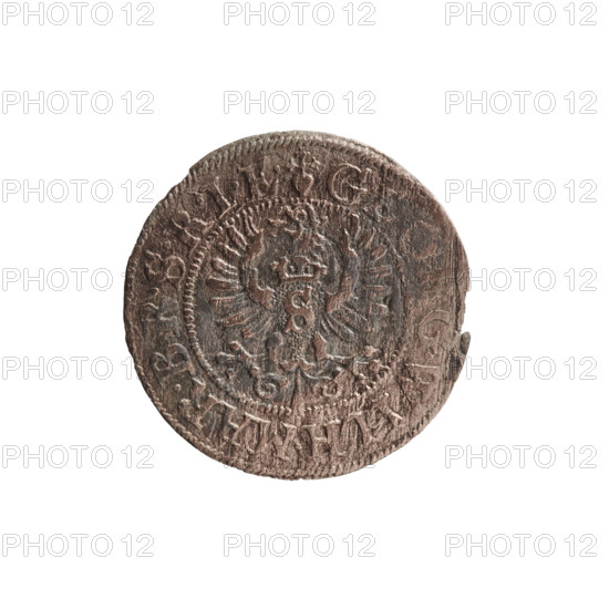 szelag by Ernest Pfahler; 1625. Obverse: Prussian eagle with a crowned letter S on its chest; rim inscription beginning with a heart-shaped hallmark GE. Reverse: monogram composed of the letters GW; rim inscription divided by the Hohenzollern coat of arms +SOLIDVS.PR - VSSIAE. Ducal Prussia (1525–1701), Königsberg. Coin; diameter 16.3 mm, weight 0.58 g, axis 0°. Subjects: George William Hohenzollern (Elector of Brandenburg; Duke of Prussia; r. 1620–1640), eagles, Hohenzollern coat of arms, rosettes.