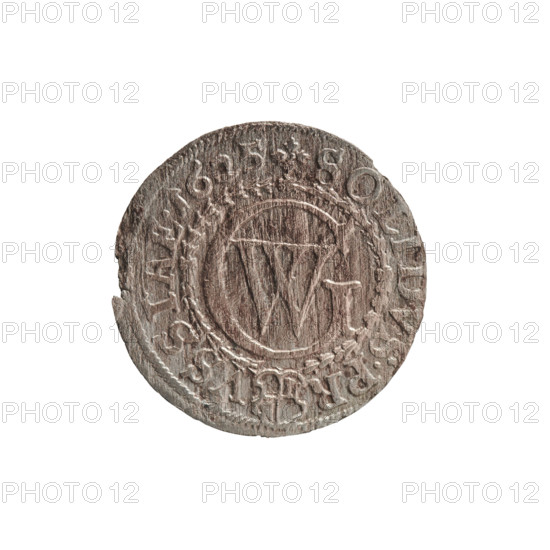 szelag by Ernest Pfahler; coin (Ducal Prussia, Königsberg, 1625). Obverse: Prussian eagle with a crowned letter S on its chest; in the rim between borders an inscription beginning with a heart and the hallmark GE, WILH.MAR.BR.SRIE. Reverse: monogram composed of the letters GW; in the rim between borders an inscription divided by the Hohenzollern coat of arms +SOLIDVS.PR - VSSIAE. Features: eagles, Hohenzollern coat of arms, rosettes; associated with George William Hohenzollern (Elector of Brandenburg; Duke of Prussia; 1620–1640). Coin diameter 16.3 mm, weight 0.58 g, axis 0°.