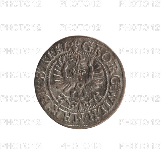 szelag, George William Hohenzollern (Elector of Brandenburg; Prince of Prussia; 1620–1640), Obv. Prussian eagle, on its chest the crowned letter S; in the rim between the borders an inscription beginning with a heart — GEORG.WILH.MAR.BR.SRIEL. Rev. Monogram composed of the letters GW; in the rim between the borders an inscription divided by the Hohenzollern coat of arms +SOLID, VSSIAE.1625. 1625. Ducal Prussia (1525–1701), Königsberg; coin; diameter 16.2 mm; weight 0.46 g; axis 0°; rosettes; Hohenzollern coat of arms.