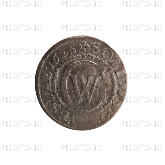 szelag, Ernest Pfahler, Prussian coin (Ducal Prussia, 1525–1701), 1625, struck in Königsberg; obverse: Prussian eagle with crowned letter S on its chest, rim inscription beginning with a heart and reading GEORG.WILH.MAR.BR.SRIEL; reverse: monogram composed of the letters GW, rim inscription divided by the Hohenzollern coat of arms +SOLID,VSSIAE.1625; diameter 16.2 mm, weight 0.46 g, axis 0°.