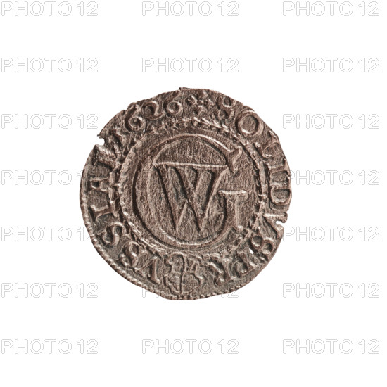 szelag; obverse: Prussian eagle with a crowned letter S on its chest; reverse: monogram composed of the letters GW and the Hohenzollern coat of arms; inscriptions in the rim including a heart hallmark and G.WILH.MAR.BR on obverse, and +SOLIDVS.PR - VSSIA on reverse; rosettes; maker: Ernest Pfahler; George William Hohenzollern (Elector of Brandenburg; Prince of Prussia; 1620–1640); date: 1626; place: Ducal Prussia, Königsberg (1525–1701); coin; diameter 15.7 mm; weight 0.40 g; axis 0°