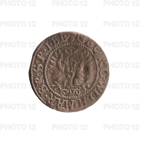 szelag, Ernest Pfahler, George William Hohenzollern (Elector of Brandenburg; Prince of Prussia; 1620–1640), Hohenzollern coat of arms, rosettes, eagles. Obverse: Prussian eagle with crowned letter S on its chest; in the rim between borders an inscription beginning with a heart – GEORG.WILH.MAR.BR.SRIEL. Reverse: monogram composed of the letters GW; in the rim between borders an inscription beginning with a rosette, divided by the Hohenzollern coat of arms SOLIDVS.PR – VSSIAE.1627. Date: 1627. Place: Ducal Prussia (1525–1701), Königsberg. Coin: diameter 16.2 mm, weight 0.49 g, axis 0°.
