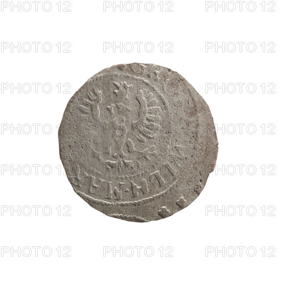 szelag, Pfahler, Ernest; coin depicting George William Hohenzollern (Elector of Brandenburg; Prince of Prussia; 1620–1640); obverse: Prussian eagle with crowned letter S on its chest; rim inscription beginning with a heart - the hallmark, EO, ILH.MAR, Rw; monogram composed of the letters GW; reverse: rim inscription beginning with a rosette, divided by the Hohenzollern coat of arms, reading SO, PR - VSSIAE.1629; date 1629; minted in Königsberg, Ducal Prussia (1525–1701); coin; diameter 16.2 mm; weight 0.46 g; axis 0°.
