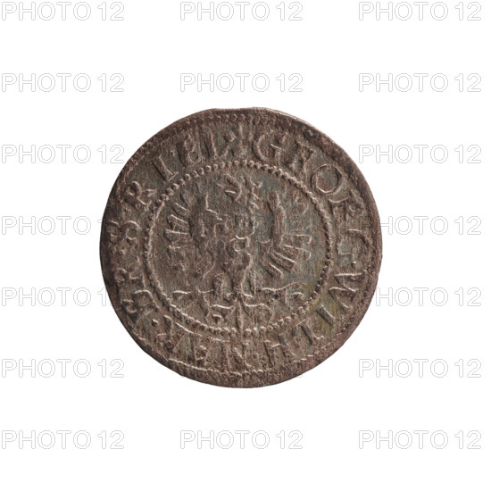 szelag, Ernest Pfahler, Prussian coin (szelag), Obv.: Prussian eagle with crowned letter S on its chest; rim inscription beginning with a heart: GEORG.WILH.MAR.BR.SRIEL. Rev.: monogram composed of letters GW; rim inscription beginning with a rosette, divided by the Hohenzollern coat of arms: SOLIDVS.PR - VSSIA, dated 1633. Issued for George William Hohenzollern (Elector of Brandenburg; Prince of Prussia; 1620–1640). Ducal Prussia (1525–1701), Königsberg. Coin, diameter 16.3 mm, weight 0.44 g, axis 0°.