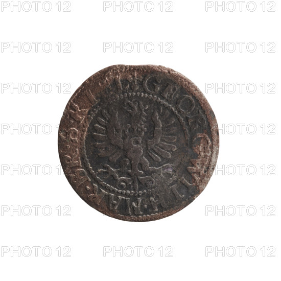 szelag by Ernest Pfahler; 1633. Obverse: Prussian eagle with a crowned letter S on its chest; rim inscription beginning with a heart: GEORG.WILH.MAR.BR.SRIEL. Reverse: monogram composed of the letters GW; rim inscription beginning with a rosette, divided by the Hohenzollern coat of arms: SOLIDVS.PR - V. References George William Hohenzollern (Elector of Brandenburg; Duke of Prussia; 1620–1640). Königsberg, Ducal Prussia (1525–1701). Coin; diameter 16.3 mm; weight 0.55 g; axis 0°.
