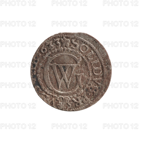 szelag; obv.: Prussian eagle with a crowned letter S on its chest; rim inscription beginning with a heart: GEORG.WILH.MAR.BR.SRIEL; rev.: monogram composed of the letters GW; rim inscription beginning with a rosette, divided by the Hohenzollern coat of arms: SOLIDVS.PR - V; date: 1633; mint: Königsberg, Ducal Prussia (1525–1701); ruler: George William Hohenzollern (Elector of Brandenburg; Duke of Prussia; 1620–1640); metal: coin; diameter 16.3 mm; weight 0.55 g; axis 0°.