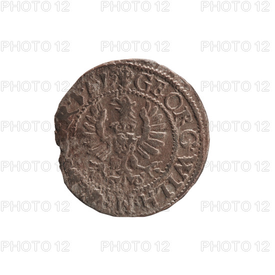 szelag; maker: Pfahler, Ernest. Obverse: Prussian eagle; on its chest a crowned letter S; in the rim between borders an inscription beginning with a heart - the hallmark GEORG.WILH.M. Reverse: monogram composed of the letters GW; in the rim between borders an inscription beginning with a rosette, divided by the Hohenzollern coat of arms SOL, SIAE. Inscribed date: 1630. Place: Königsberg, Ducal Prussia (1525–1701). Motifs: eagles, Hohenzollern coat of arms, rosettes. Type: coin (szelag). Dimensions: diameter 16.6 mm, weight 0.60 g, axis 0°.