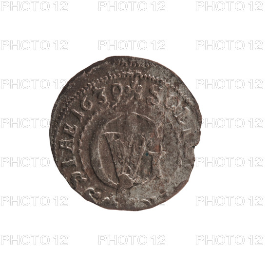 szelag, 1630, maker: Ernest Pfahler. Obverse: Prussian eagle, on its chest a crowned letter S; in the rim between the borders an inscription beginning with a heart — GEORG.WILH.M. Reverse: monogram composed of the letters GW; in the rim between the borders an inscription beginning with a rosette, divided by the Hohenzollern coat of arms SOL, SIAE.163. Depicts eagles, Hohenzollern coat of arms and rosettes. Date/place: 1630, Königsberg, Ducal Prussia (1525–1701). Coin; diameter 16.6 mm, weight 0.60 g, axis 0°.
