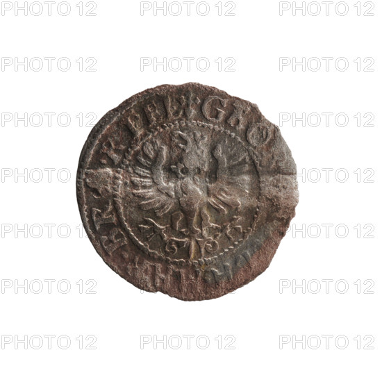 szelag, Pfahler, Ernest; obverse: Prussian eagle with crowned letter S on its chest; rim inscription beginning with a heart - the hallmark GEO, LH.MAR.BR.SRIEL; reverse: monogram composed of the letters GW; rim inscription beginning with a rosette, divided by the Hohenzollern coat of arms, IDVS.PR - VS, 1619 - 1640; Hohenzollern (coat of arms), eagles, rosettes; Ducal Prussia (1525–1701), Königsberg; coin, diameter 16.2 mm, weight 0.47 g, axis 0°.