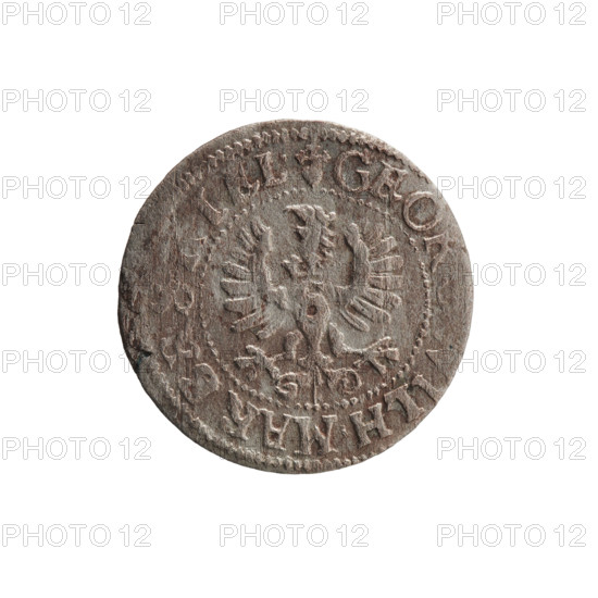 szelag (coin), obverse: Prussian eagle with crowned letter S on its chest; rim inscription beginning with a heart - the hallmark GEOR, ILH.MAR, .BR, S, I.EL. Reverse: monogram composed of the letters GW; rim inscription beginning with a rosette, divided by the Hohenzollern coat of arms, OLIDVS.PR - VS, 1619 - 1640. Features eagles, Hohenzollern coat of arms, rosettes. Ducal Prussia (1525–1701), Königsberg; maker: Ernest Pfahler; date range 1619–1640. Coin: diameter 16.5 mm, weight 0.70 g, axis 0°.