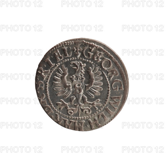 szelag, Pfahler, Ernest, George William Hohenzollern (Elector of Brandenburg; Prince of Prussia; 1620–1640), eagles, rosettes, Hohenzollern (coat of arms). Obv. Prussian eagle, on its chest a crowned letter S. In the rim between the borders an inscription beginning with the hallmark GEORG.WILH.MAR., .RIEL. Rw. Monogram composed of the letters GW. In the rim between the borders an inscription beginning with a rosette, divided by the Hohenzollern coat of arms SOLIDUS.PR - VSSIA.1628. 1628. Ducal Prussia (1525–1701), Königsberg. Coin; diameter 16.0 mm; weight 0.84 g; axis 0°.