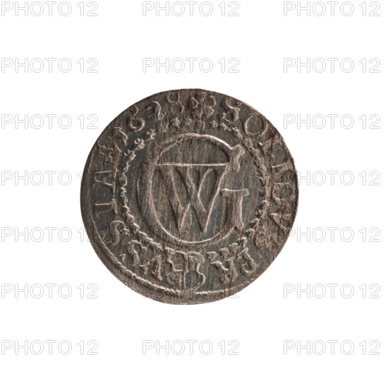 szelag by Pfahler, Ernest depicting George William Hohenzollern (Elector of Brandenburg; Prince of Prussia; 1620–1640). Obverse: Prussian eagle with a crowned letter S on its chest; in the rim between borders an inscription beginning with the hallmark GEORG.WILH.MAR., .RIEL. Reverse: monogram composed of the letters GW; in the rim between borders an inscription beginning with a rosette, divided by the Hohenzollern coat of arms SOLIDUS.PR - VSSIA.1628. Date: 1628. Place: Ducal Prussia (Königsberg). Material: coin; diameter 16.0 mm; weight 0.84 g; axis 0°.