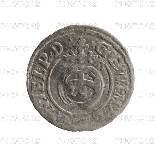 one and a half; cross (iconographic); George William Hohenzollern (Elector of Brandenburg; Duke of Prussia; 1620–1640); orb of rule (iconographic); coats of arms. Obverse: royal orb with a cross with arms terminating in finials. In the lower part of the orb the value numerals Z4. On the sides of the cross the date numerals ZI. In the rim between the borders an inscription divided by a cross G E.WI.M, RIELPD Rw. Reverse: under the ducal mitre a five-field coat of arms; below in the shield a value numeral 3. In the rim between the borders an inscription separated by the mitre and the value numeral and ending with the hallmark DIEV & MON -, OICT, 1621. Ducal Prussia (1525–1701), Königsberg. Coin; diameter 19.0 mm; weight 0.90 g; axis 0°.
