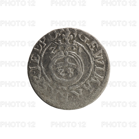 one-and-a-half, Pfahler, Ernest, cross (iconographic), George William Hohenzollern (Elector of Brandenburg; Duke of Prussia; 1620-1640), orb of rule (iconographic), coats of arms. Obverse: Royal orb with a cross whose arms terminate in finials; in the lower part of the orb the value numerals Z4; on the sides of the cross the date numerals ZI. In the rim between the borders an inscription divided by a cross beginning with the hallmark GE.WI.MAR., R.IEL.PD, Rw. Under the ducal mitre a five-field coat of arms, below in the shield a value numeral 3. In the rim between the borders an inscription separated by the mitre and the value numeral DI, ROICTx, 1621. Königsberg, Ducal Prussia (1525–1701). Coin; diameter 18.8 mm; weight 1.20 g; axis 45 degrees.