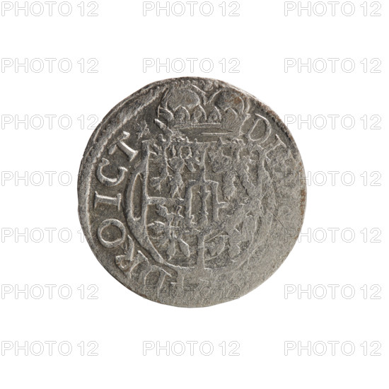 one-and-a-half, cross (iconographic), George William Hohenzollern (Elector of Brandenburg; Duke of Prussia; 1620-1640), orb of rule (iconographic), coats of arms. Obv. Royal orb with a cross with arms terminating in finials. In the lower part of the orb the value numerals Z4. On the sides of the cross the date numerals ZI. In the rim between the rims an inscription divided by a cross beginning with the hallmark GE.WI.MAR., R.IEL.PD, Rw. Under the ducal mitre a five-field coat of arms, below in the shield a value numeral 3. In the rim between the borders an inscription separated by the mitre and the value numeral DI, ROICTx, 1621. Königsberg, Ducal Prussia (1525–1701). Coin: diameter 18.8 mm, weight 1.20 g, axis 45 degrees.