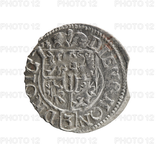 one-and-a-half, cross (iconographic), George William Hohenzollern (Elector of Brandenburg; Duke of Prussia; 1620-1640), orb of rule (iconographic), coats of arms. Obv. Royal orb with a cross with arms terminating in finials. In the lower part of the orb the value numerals Z4. On the sides of the cross the date numerals ZI. On the rim between the borders an inscription divided by a cross ., IMAR.BR SRIELP, . Rw. Under the ducal mitre a five-field coat of arms, below in the shield a value numeral 3. In the rim between the borders an inscription separated by the mitre and the value numeral and ending with the hallmark DIEV, MON - DROICT, 1621. Ducal Prussia (1525-1701), Königsberg, coin; diameter 19.5 mm; weight 1.05 g; axis 20 degrees.