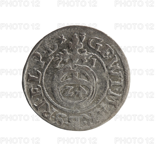 One-and-a-half, Pfahler, Ernest; cross (iconographic); George William Hohenzollern (Elector of Brandenburg; Duke of Prussia; 1620–1640); orb of rule (iconographic); coats of arms. Obverse: royal orb with a cross whose arms terminate in finials; in lower part of orb the value numerals Z4; on the sides of the cross the date numerals ZI; in the rim between the borders an inscription divided by a cross .GE.WI.M, RSRI.EL.P., + Rw. Reverse: under the ducal mitre a five-field coat of arms, below in the shield a value numeral 3; in the rim between the borders an inscription separated by the mitre and the value numeral and ending with the hallmark DIEV &., - DROICT+, 1621. Ducal Prussia (1525–1701), Königsberg; coin. Diameter 19.1 mm; weight 1.05 g; axis 45 degrees.