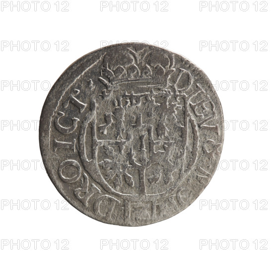 One-and-a-half; Pfahler, Ernest; Department of Coins of Lands Associated with Poland — cross (iconographic); George William Hohenzollern (Elector of Brandenburg; Duke of Prussia; 1620–1640); orb of rule (iconographic); coats of arms. Obverse: royal orb with a cross whose arms terminate in finials; lower part of orb shows value numerals Z4; sides of cross show date numerals ZI; rim between borders bears inscription divided by a cross .GE.WI.M, RSRI.EL.P., + Rw. Reverse: under ducal mitre a five-field coat of arms, with value numeral 3 below in the shield; rim inscription separated by the mitre and the value numeral ending with the hallmark DIEV &., - DROICT+, 1621. Ducal Prussia (1525–1701), Königsberg; coin. Diameter 19.1 mm; weight 1.05 g; axis 45°.