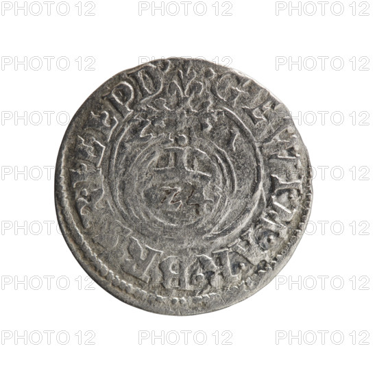 One-and-a-half coin by Ernest Pfahler. Obverse: royal orb with a cross whose arms terminate in finials; value numerals Z4 in lower part of orb, date numerals ZI on sides of cross. Rim inscription divided by a cross: .GE.WI.MARBR., RIELPD' Rw. Under ducal mitre a five-field coat of arms with value numeral 3 in the lower shield. Rim inscription divided by the mitre and the value numeral ending with hallmark DIEV & MON - DROICT, 1621. Ducal Prussia (1525–1701), Königsberg. Coin: diameter 19.0 mm, weight 1.07 g, axis 135°. Maker: Ernest Pfahler.