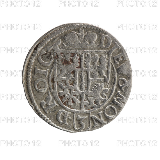 One-and-a-half coin by Ernest Pfahler, 1621. Obverse: royal orb with a cross whose arms terminate in finials; lower part of the orb bears value numerals 'Z4'; date numerals 'ZI' flank the cross. Rim inscription divided by a cross: '.GE.WI.MARBR., RIELPD' Rw.' Reverse: under a ducal mitre a five-field coat of arms; below in the shield a value numeral '3'. Rim inscription divided by the mitre and the value numeral ending with the hallmark 'DIEV & MON - DROICT'. Ducal Prussia (1525–1701), Königsberg. Coin: diameter 19.0 mm, weight 1.07 g, axis 135°. Maker: Ernest Pfahler.