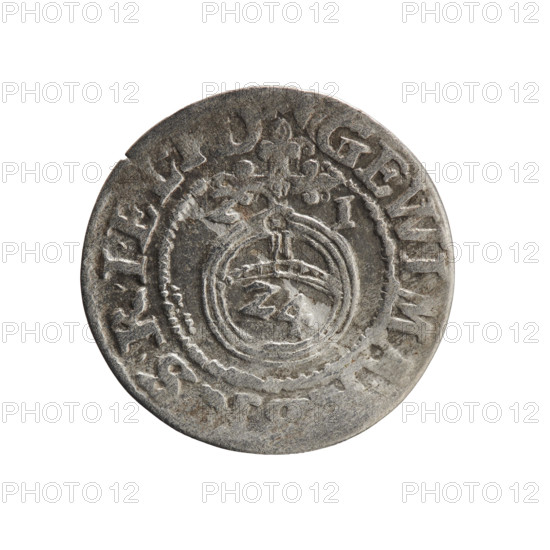 one and a half, Pfahler, Ernest, cross (iconographic), George William Hohenzollern (Elector of Brandenburg; Duke of Prussia; 1620–1640), orb of reign (iconographic), coats of arms. Obv.: royal orb with a cross with arms terminating in finials. In the lower part of the orb, value numerals Z4. On the sides of the cross, date numerals ZI. On the rim between the borders, an inscription divided by a cross: GE.WI.MA, SRIEL., Rw. Under the ducal mitre, a five-field coat of arms; below in the shield the value numeral 3. On the rim between the borders, an inscription divided by the mitre and the value numeral: DIEV, DROICT, 1621. Ducal Prussia (1525–1701), Königsberg; coin. Diameter 18.8 mm; weight 0.93 g; axis 45 degrees.
