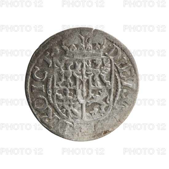 one and a half, Pfahler, Ernest, cross (iconographic), George William Hohenzollern (Elector of Brandenburg; Duke of Prussia; 1620–1640), orb of reign (iconographic), coats of arms. Obv.: Royal orb with a cross with arms terminating in finials. In the lower part of the orb, value numerals Z4. On the sides of the cross, date numerals ZI. On the rim between the borders, an inscription divided by a cross, GE.WI.MA, SRIEL., Rw. Under the ducal mitre, a five-field coat of arms; below in the shield the value numeral 3. On the rim between the borders, an inscription divided by the mitre and the value numeral DIEV, DROICT, 1621. Ducal Prussia (1525–1701), Königsberg; coin. Diameter 18.8 mm; weight 0.93 g; axis 45 degrees.