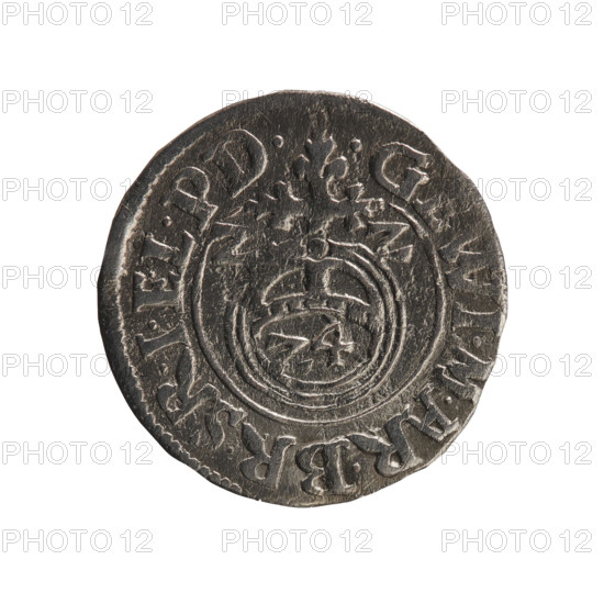one and a half; maker: Pfahler, Ernest. coin (Ducal Prussia, Königsberg, 1622). denomination: one and a half (value numerals Z4; also value numeral 3 in shield). Obverse: royal orb with a cross whose arms terminate in finials; in lower part of orb value numerals Z4; on sides of cross date numerals ZZ; rim between borders inscription divided by a cross: .GE WI.M.AR.BR.SR.IELPD. Reverse: under a ducal mitre, a five-field coat of arms with value numeral 3 below in the shield; rim between borders inscription divided by the mitre and the value numeral and terminated with hallmark DIEV & MON - DROICT. Date: 1622. Materials/style: coin; diameter 19.1 mm; weight 1.07 g; axis 45 degrees. Subjects/iconography: cross (iconographic), orb of reign (iconographic), coats of arms; George William Hohenzollern (Elector of Brandenburg; Duke of Prussia; 1620–1640).